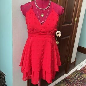 Lulu’s  NWT  Swiss dot  Red  spaghetti strap halter dress  sheer/ lining  size S